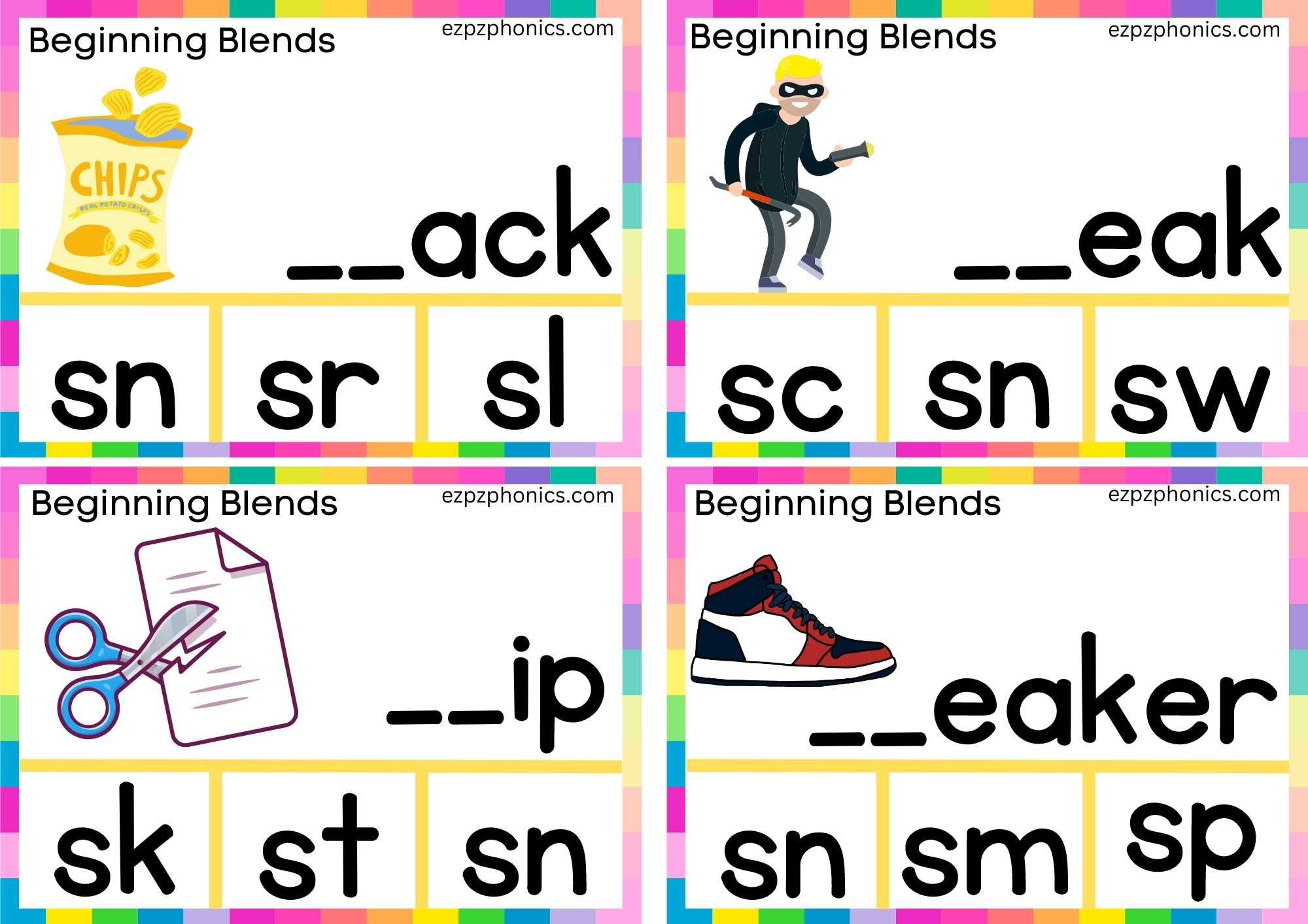 SN Beginning Blends Clip Cards Finish The Words And Clip The Correct Letters Set 2